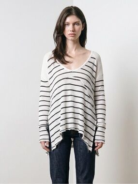 Free People Distressed Knit Sweater in White with Black Trim